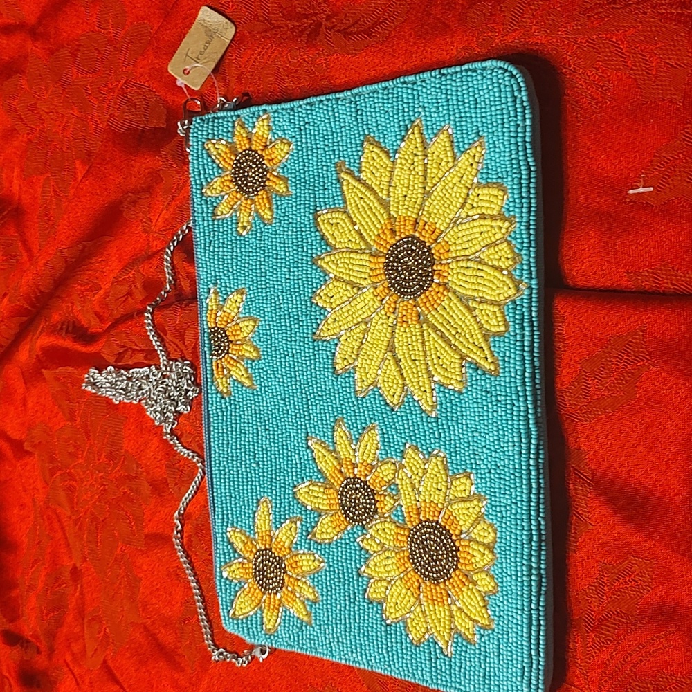 Turquoise Yellow Sunflower Beaded Bag NWT